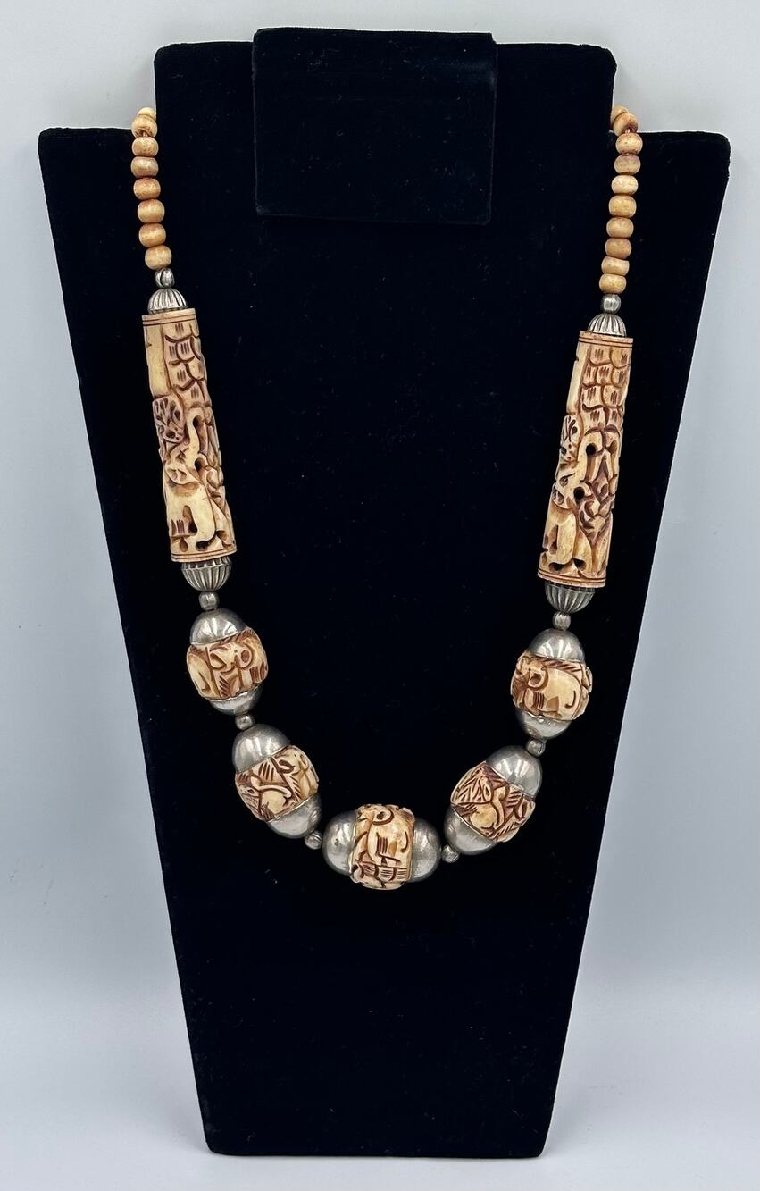Hand Carved Bovine Bone Beaded Elephant Bohemian Tribal Statement Necklace